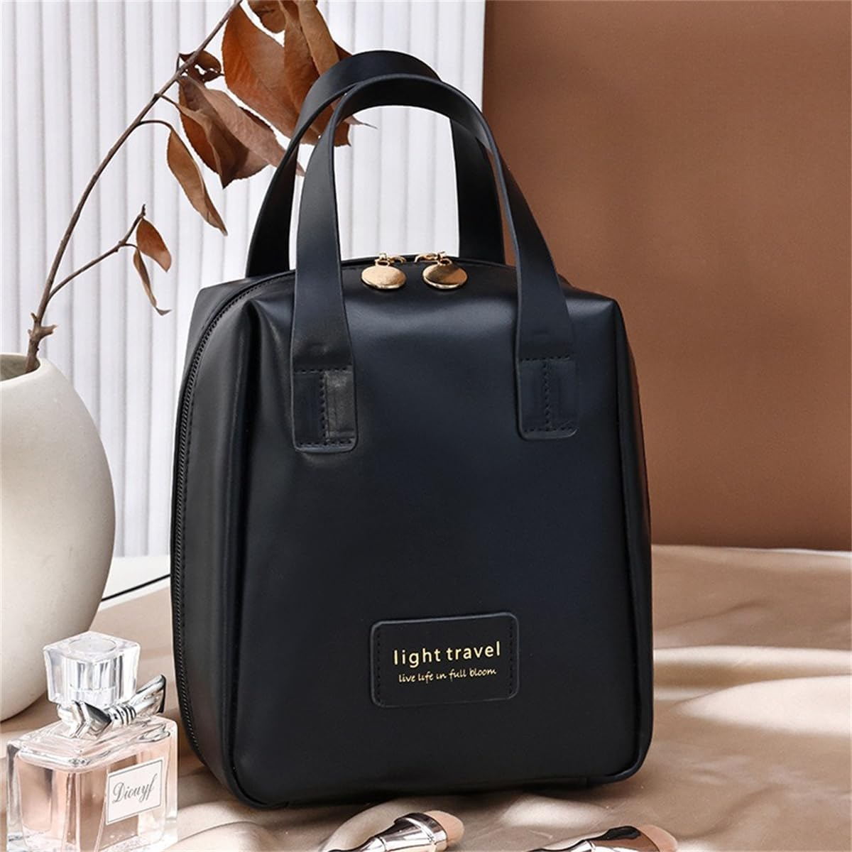 (19x15cm) Leder Reise Kulturbeutel Kosmetik Make Up Tasche Necessaire Organizer Bag - Schwarz