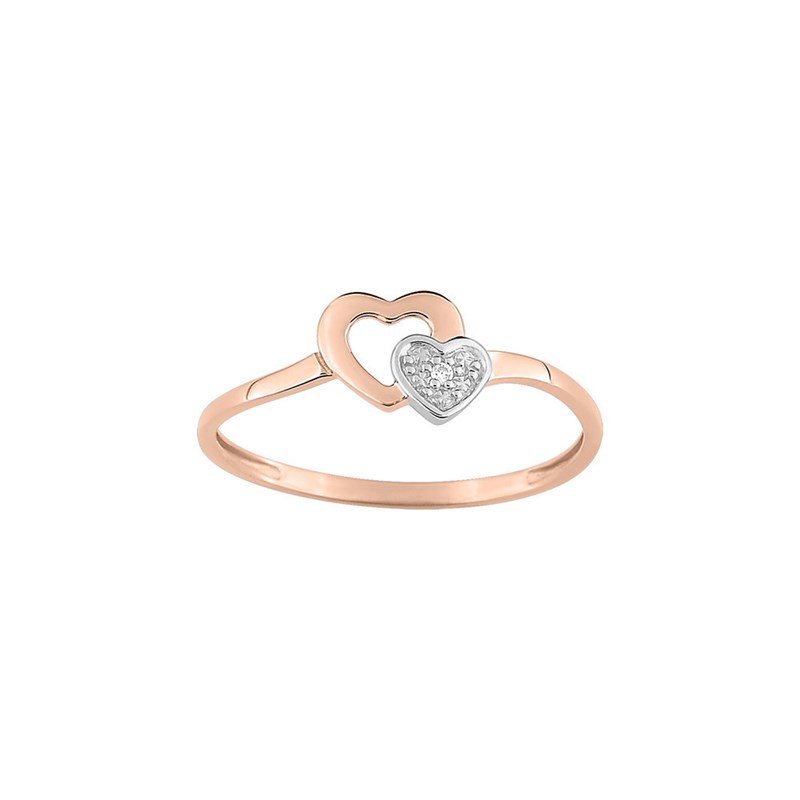 Bague coeur Femme - bicolore - Or 9 Carats - Diamant 0,005 Carats