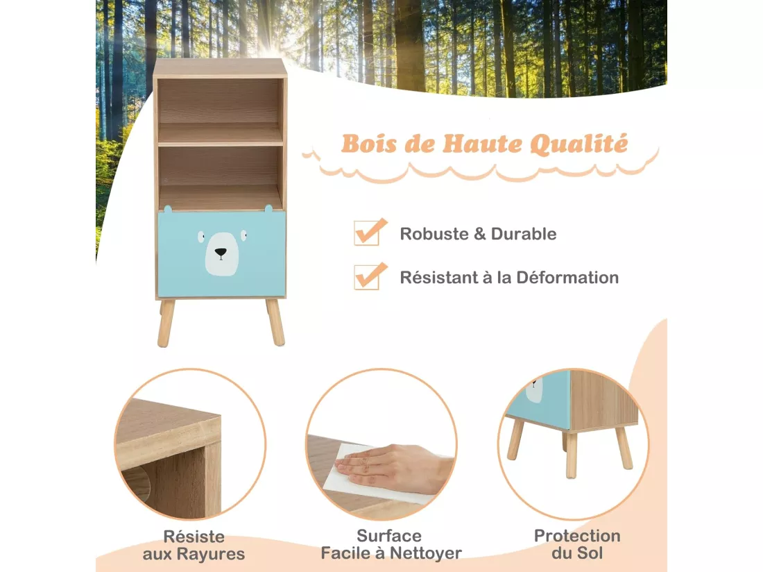 Meuble de Rangement Jouet Enfants à 3 Niveaux avec Tiroir en Forme d’Ours, Étagère de Rangement en Bois avec Dispositif Anti-basculement, Bibliothèque pour Chambre d'enfants, Salle de Jeux…