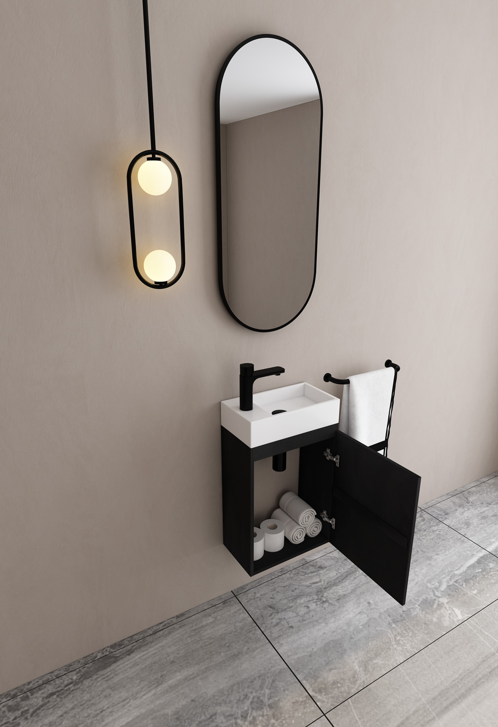 MD Interior Eden toiletmeubel zwart mangohout rechts met solid surface fontein links