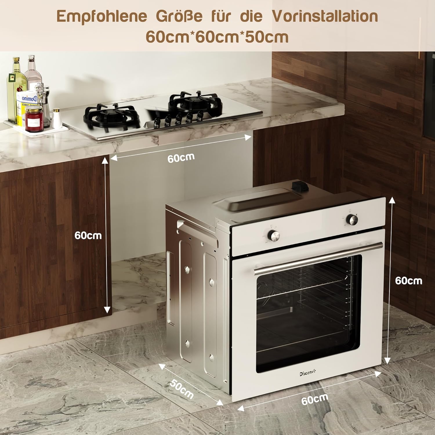 Einbaubackofen 60 cm Freistehend Backofen Einbauofen mit Stecker Drehknopfsteuerung 4 Funktionen Backofen 50 bis 250 °C Einbaugerät 65L 2200W 3D Heißluft Backen 6 Ebenen Kühlgebläse Weiß