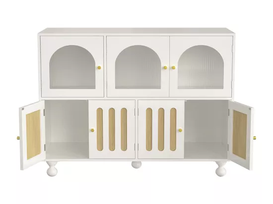Buffet de salle à manger moderne blanc avec design arc-en-ciel, longues portes en verre, pieds à colonnes rondes, meuble de rangement élégant