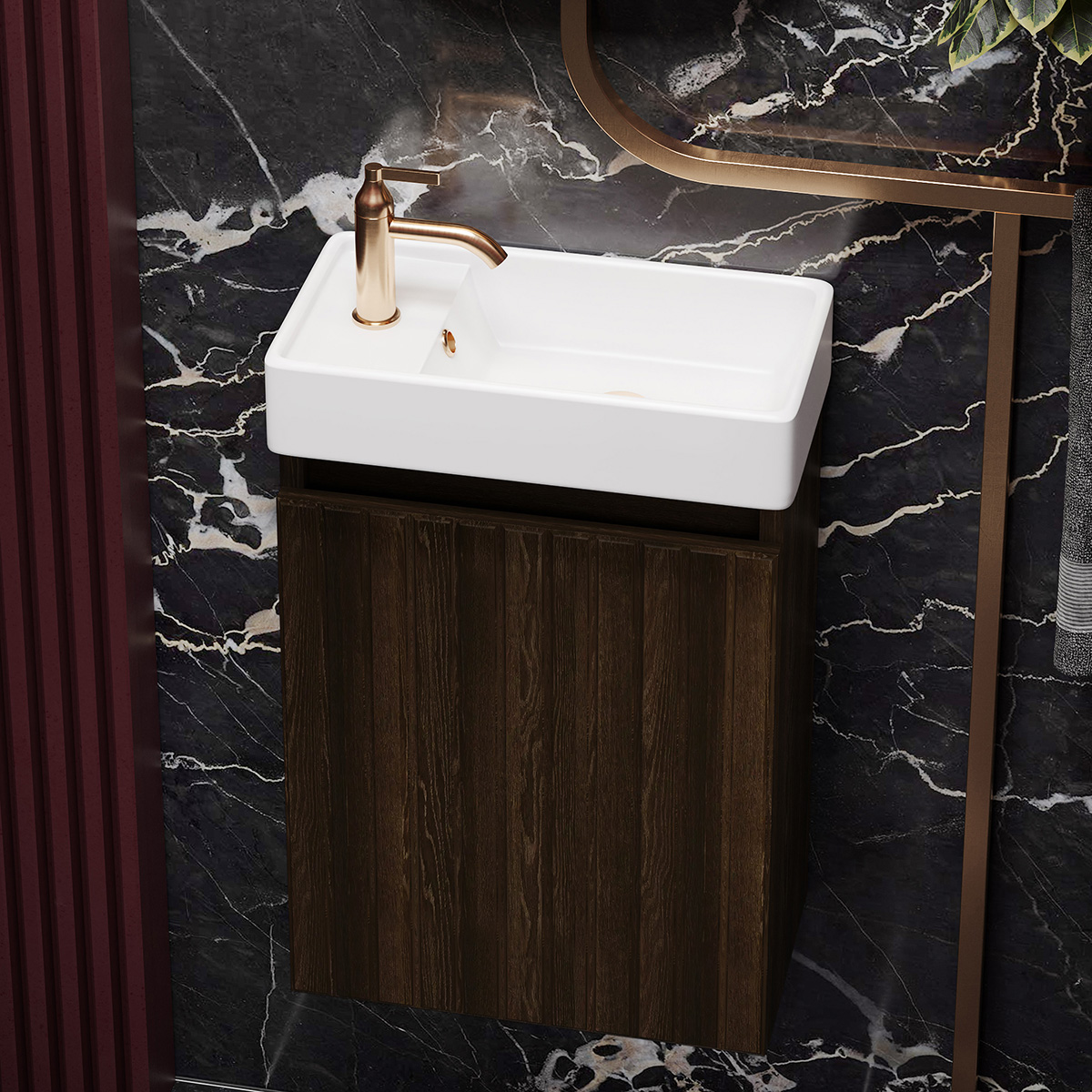Fontana Bano toiletmeubel ribbelfront kasteel bruin 40x22cm met glans witte fontein