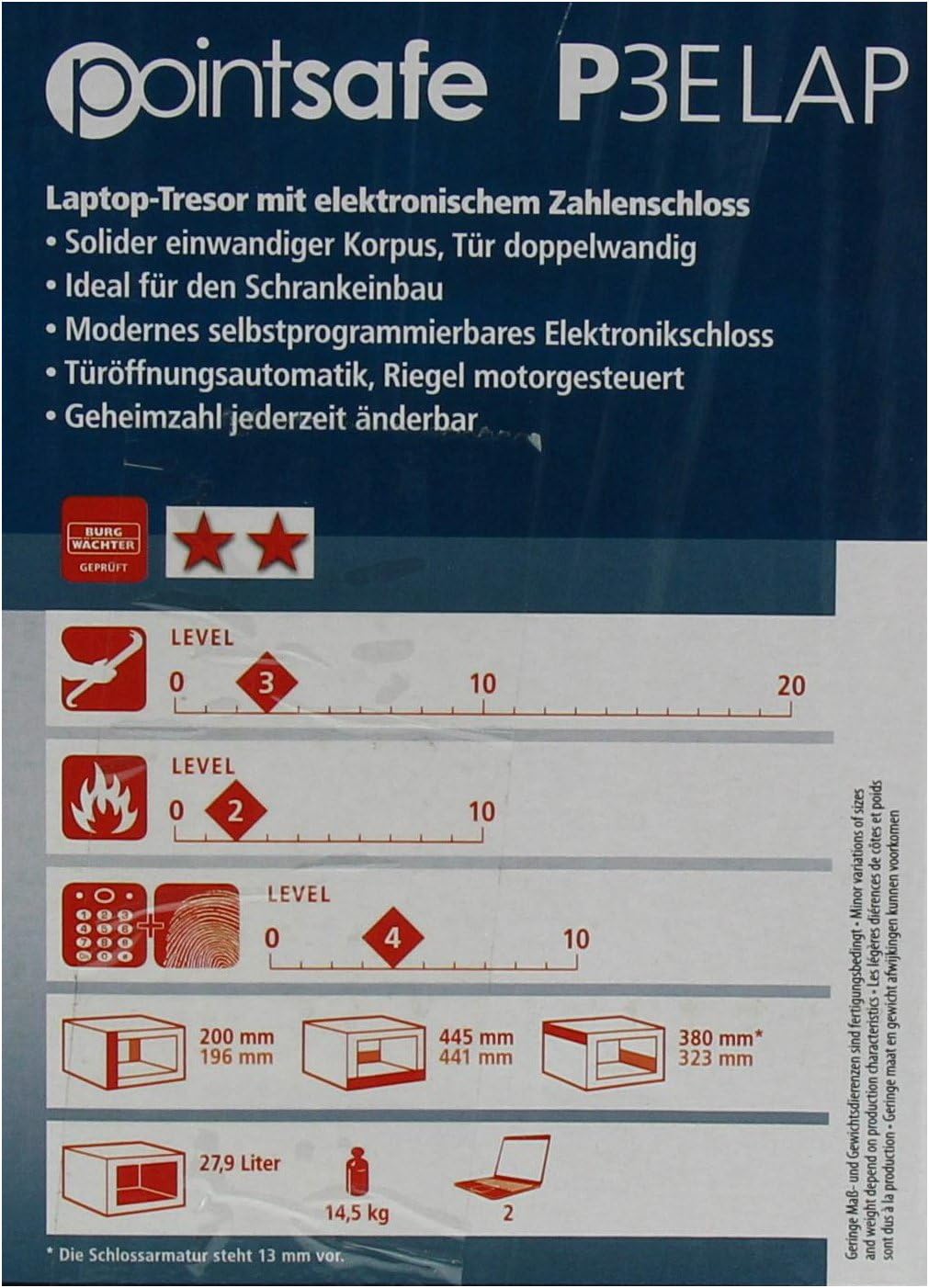 BURG-WÄCHTER Laptoptresor mit elektronischem Zahlenschloss und Fingerabdruck, 27,9 l, 16,7 kg, Point-Safe P 3 E FS LAP, Schwarz