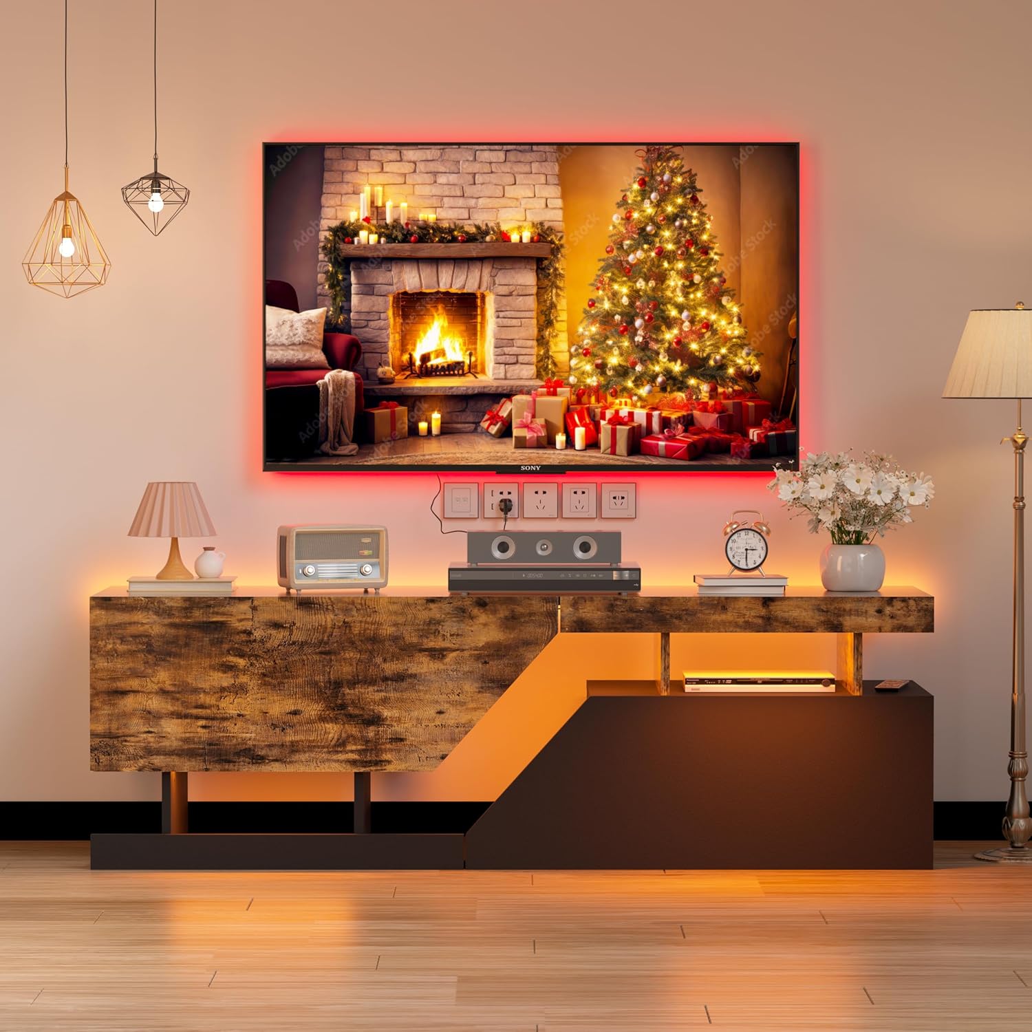 MSFE TV Schrank Lowboard mit LED 2 Klappen/Türen Fernsehschrank Modern Grifflose Öffnen TV Board Sideboard TV Tisch Lowboard für Fernseher bis zu 65 Zoll TV-Regal für Wohnzimmer, Unterhaltungsraum