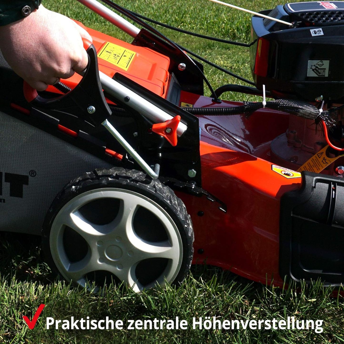 HECHT 5-IN-1 Benzin Rasenmäher – leistungsstarker 4 Takt Eco Motor 4,4 kW (6,0 PS) – Elektrostart – 53 cm Schnittbreite – 75 l Fangkorb – Radantrieb – patentierte Räder – Mulchmäher