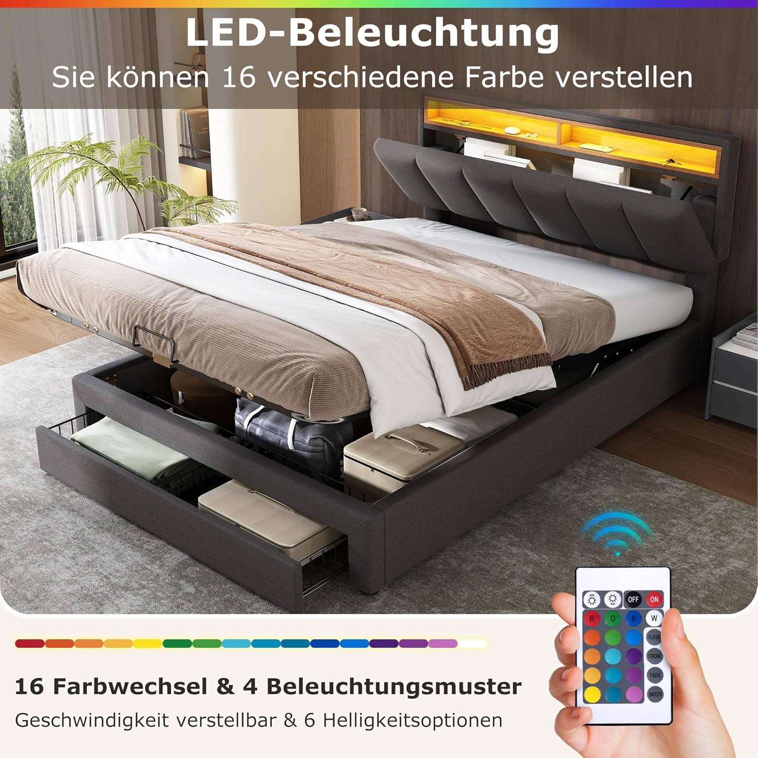 Polsterbett Doppelbett 180x200 cm mit LED-Beleuchtung, Hydraulisch Bett mit Stauraum Schubladen und Kopfteil, Stauraumbett Bettgestell mit Bettkasten und Lattenrost, Leinen, Grau, Ohne Matratze DS0852800