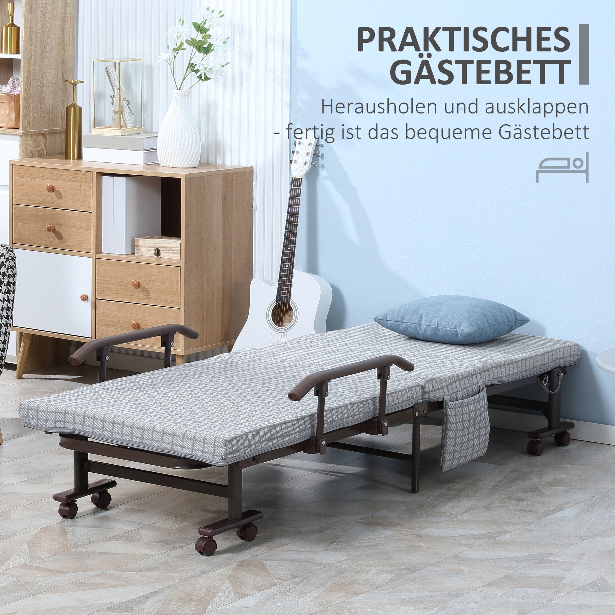 HOMCOM Klappbett mit Rollen grau 190L x 76B x 33H cm