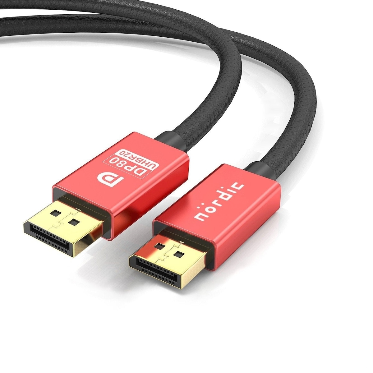 NÖRDIC 3m nylonflettet Displayport 2.1 kabel DP80 UHBR20 80Gbps 16/10/8K60H 4K165/144Hz DSC1.2a HDR HDCP2.2 FreeSync G-Sync