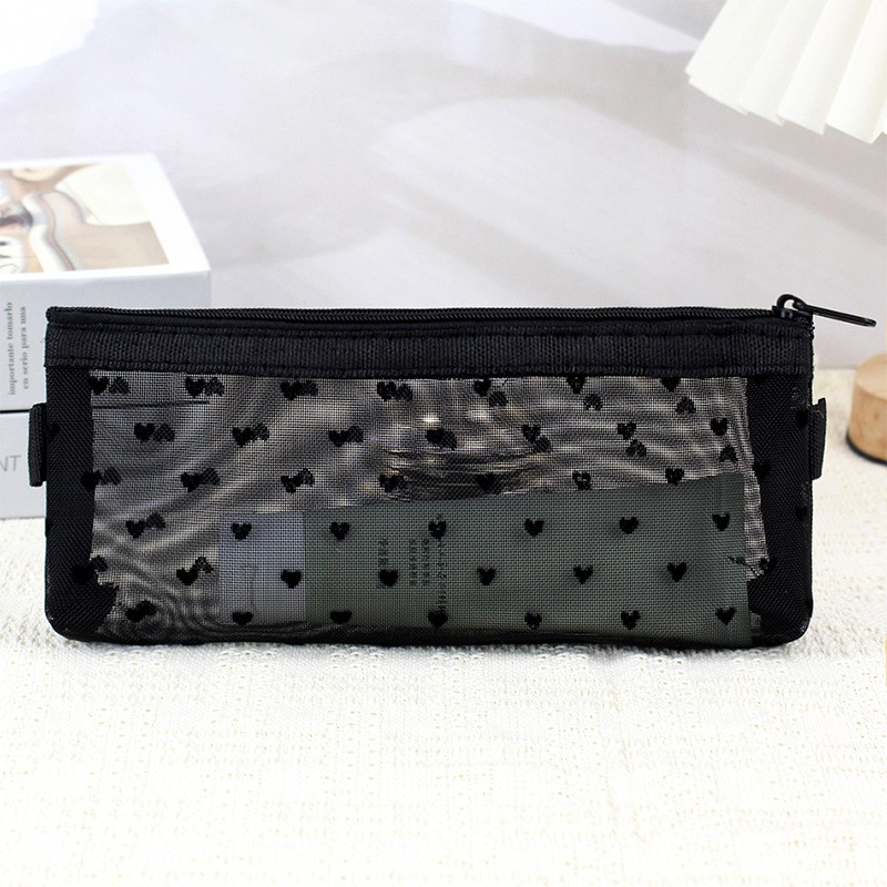(190x80mm) Mesh Kosmetik Make Up Tasche Pinsel Necessaire Organizer Bag mit Herzen - Schwarz