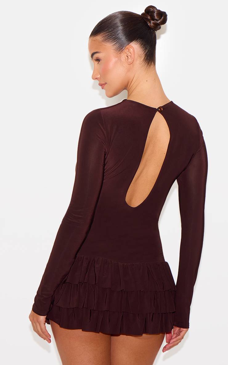 Chocolat Combi-short Jupe Volantée À Manches Longues En Tissu Slinky Double Épaisseur