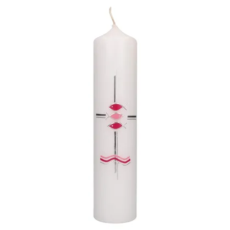 Butzon & Bercker Taufkerze mit aufgelegtem Wachmotiv für Jungen - blaue Fische und Kreuz in Silber