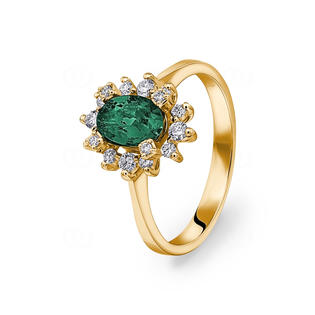 Damenring 750/18 K Gelbgold mit Diamanten 0.22 ct H/si & Smaragd 0.62 ct