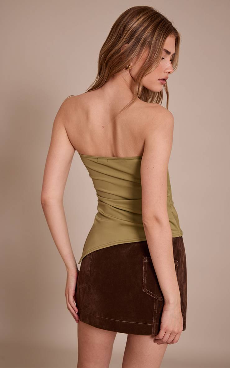 Vert Olive Top Bandeau Asymétrique Slinky Contour À Ourlet Fendu Longue Coupe