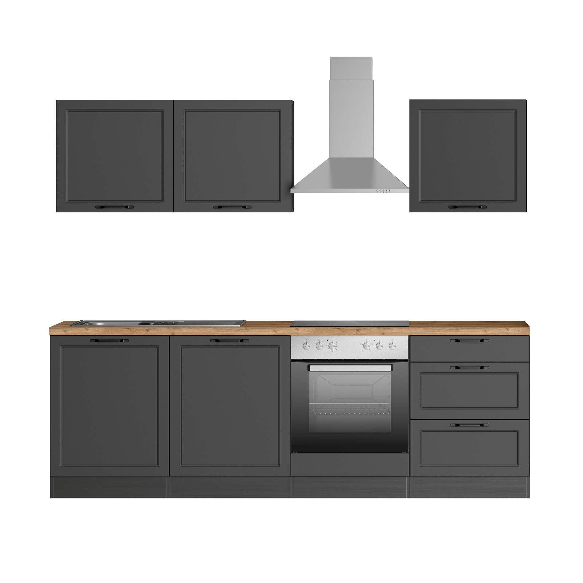 Küchenzeile MERAN - grau - Wotaneiche - mit E-Geräten - 240 cm