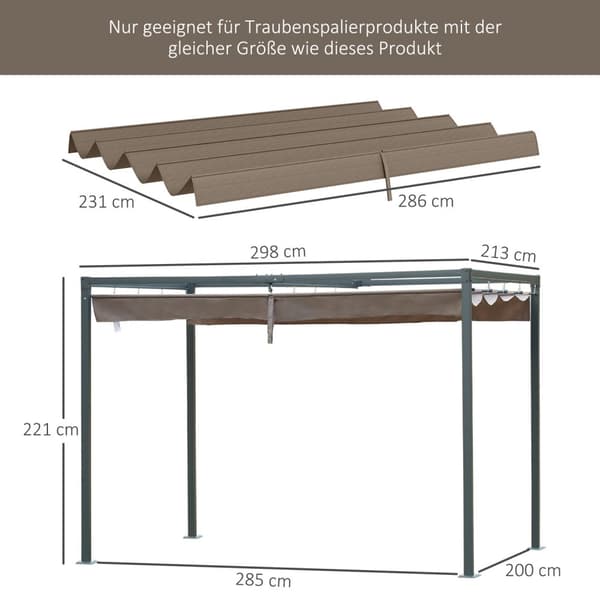 Erstatningstak for 2,85 x 2 m pergola, vannavvisende uttrekkbar bølgetak med regndreneringshull, UV-beskyttelse 30+, vintersikkert skyggetrekk for hag