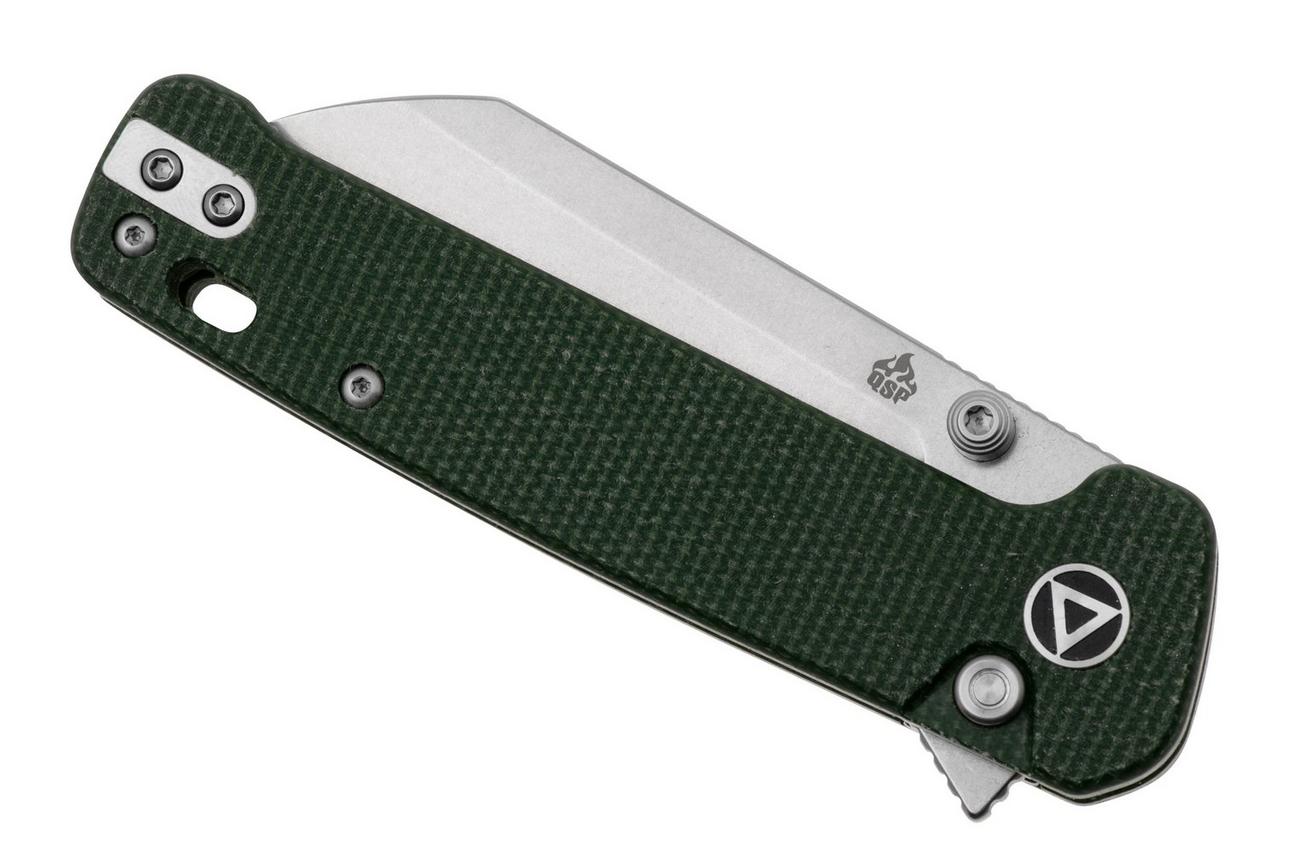 QSP Knife Penguin Button Lock QS130BL-C1 Satin, Green Micarta, zakmes