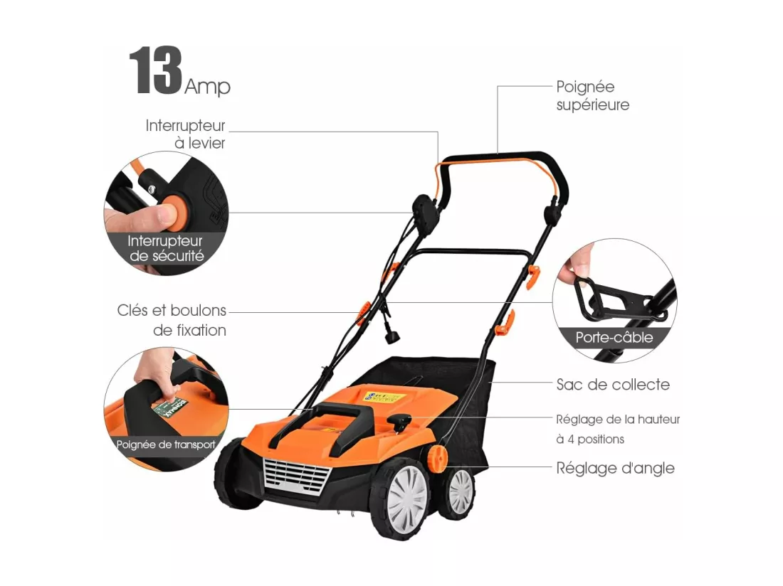 Scarificateur de Pelouse Électrique de 13A, avec Double Interrupteur de Sécurité Réglable à 4 Niveaux Sac de Ramassage de 50 L, Scarificateur et Aérateur Filaire avec 2 Lames (Orange)