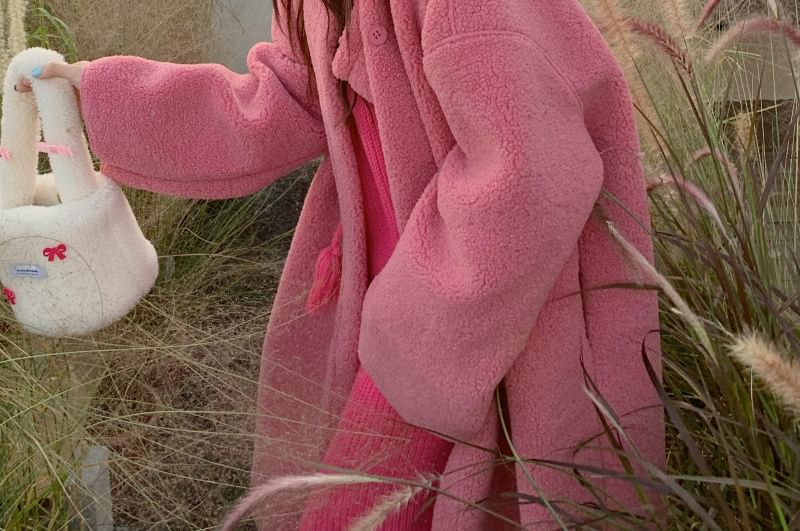ANORA - Lange mouwen effen geribbelde midi-shifttruijurk met capuchon / Ronde hals effen fleece midi-jas met knopen