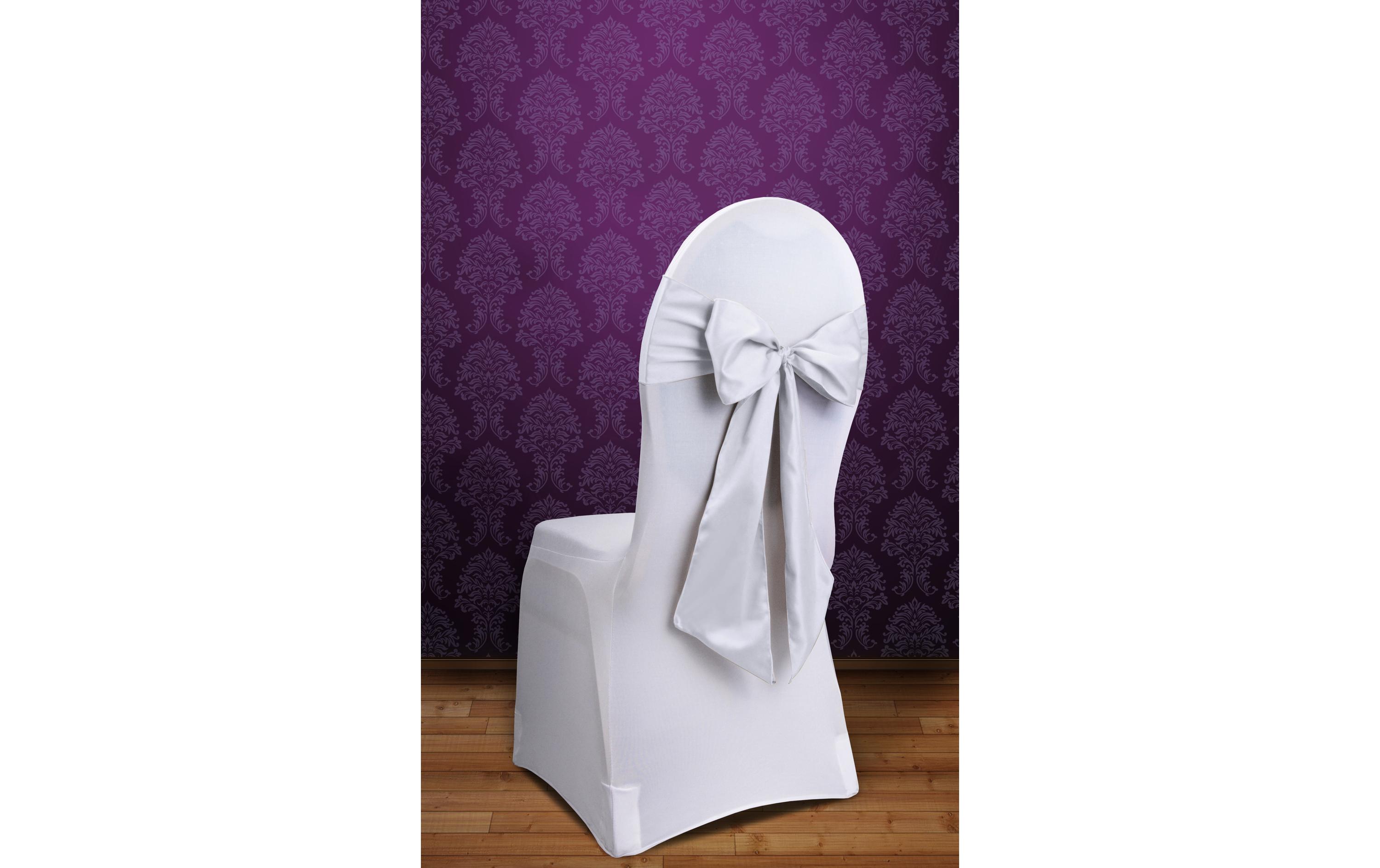 Hochzeitsaccessoire Stuhlschleife Satin 15 x 275 cm, WeissStuhlschärpe für den gedeckten Tisch an der Hochzeit und Festen wie Geburtstagspartys oder Silvester