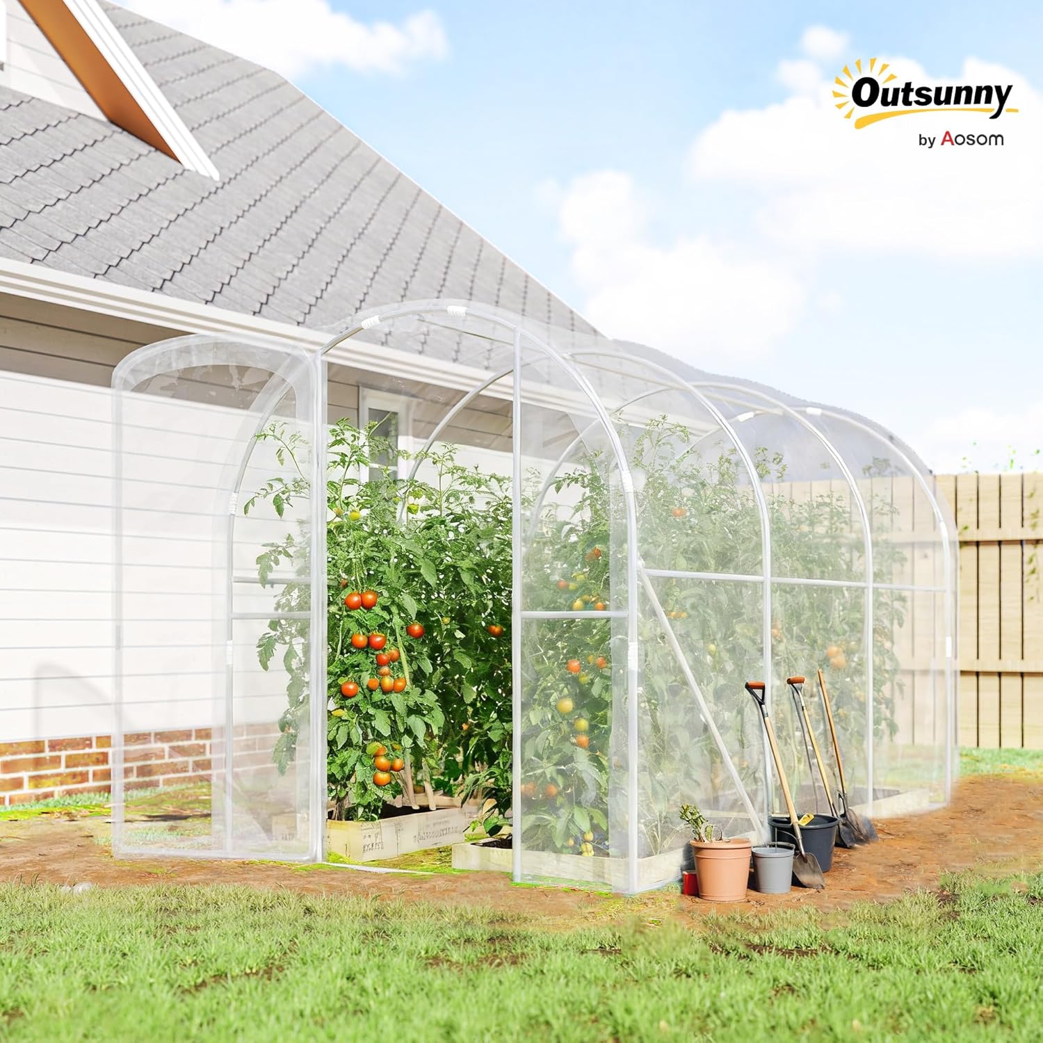 Outsunny Tunnel-Gewächshaus 3 x 2 x 2 m 6 m² mit Scharniertür PE-Plane 150 g/m² für Gemüse Pflanzen Blumen