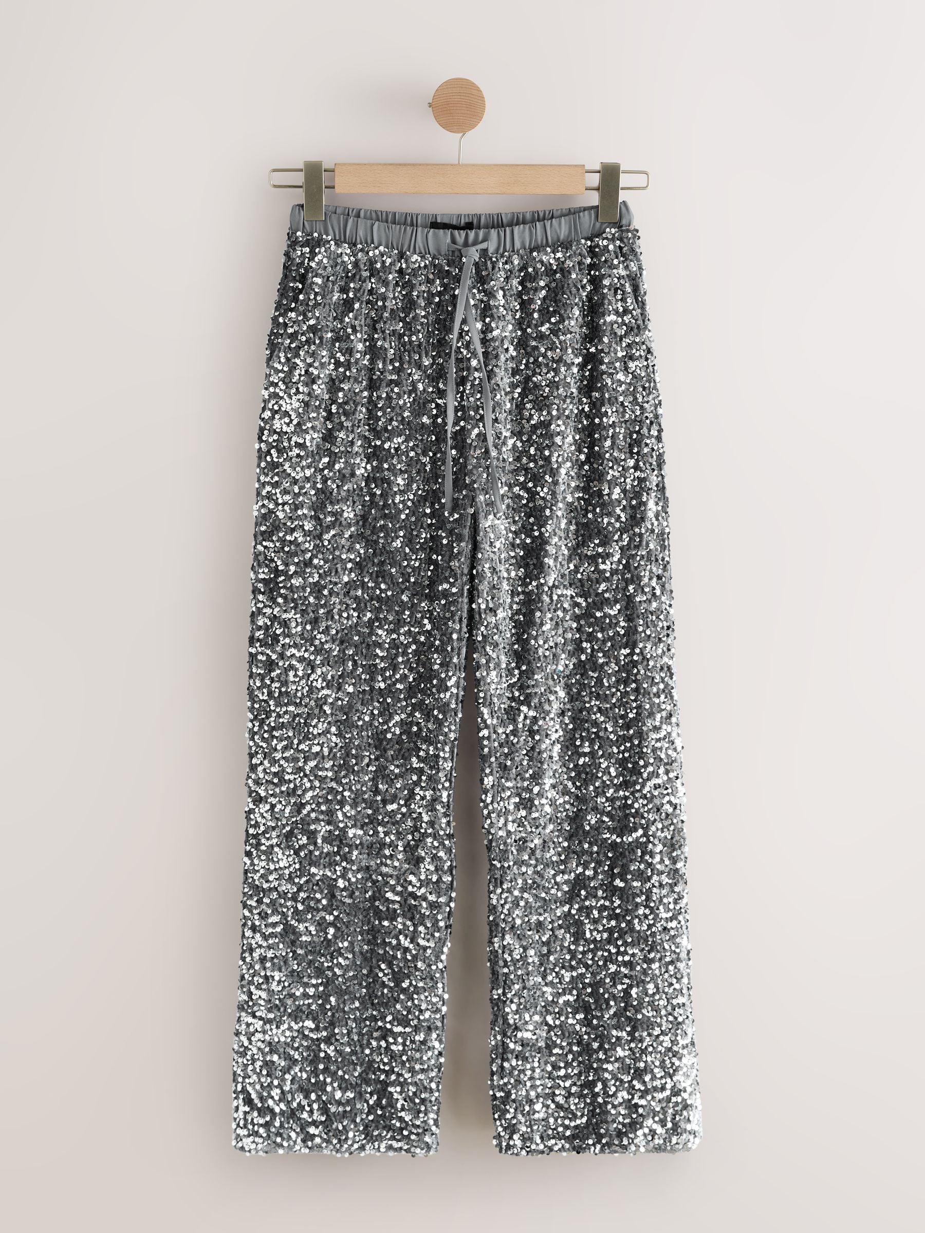 Zilver - Fluwelen broek met wijde pijpen en lovertjes
