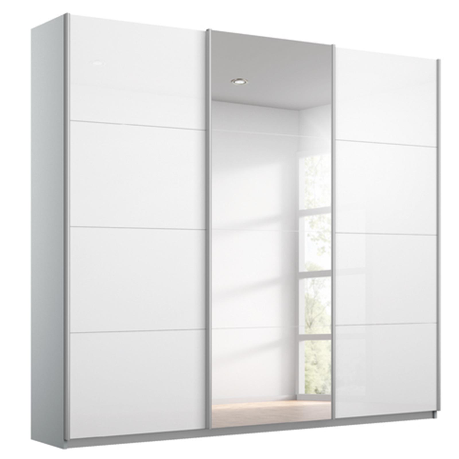 Schwebetürenschrank - weiß Hochglanz - seidengrau - mit Spiegel - 203x210 cm