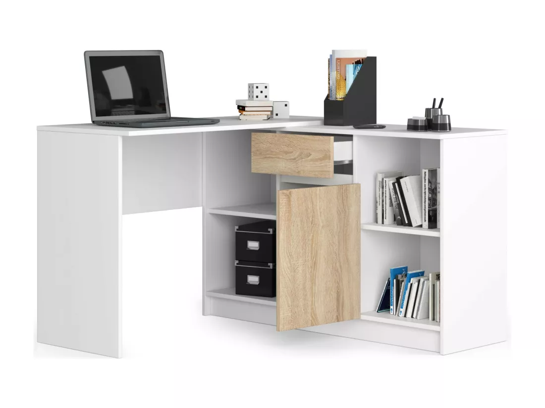 Ensemble d'angle AKORD bureau B17 avec commode Blanc 120 cm 1 porte 1 tiroir façade Chêne Sonoma 6 étagères 120x126x79 cm