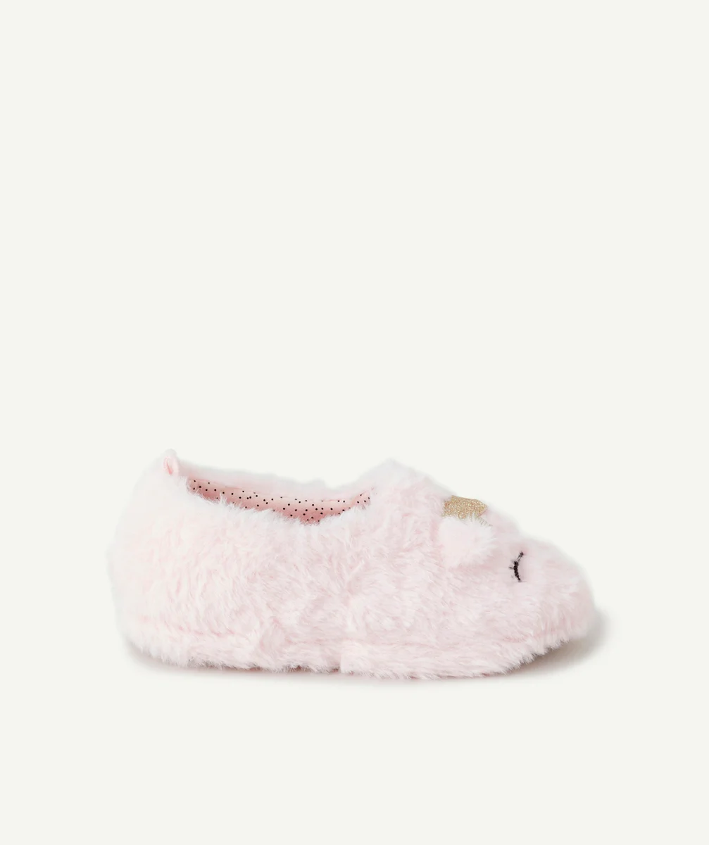 PAIRE DE CHAUSSONS FILLE MATIÈRE DOUCE ROSE THÈME CHIEN ET DÉTAILS PAILLETÉS