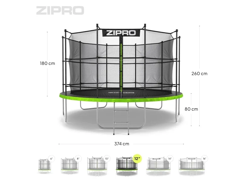 Zipro Trampolin med net og stige Ø374cm   pose til sko