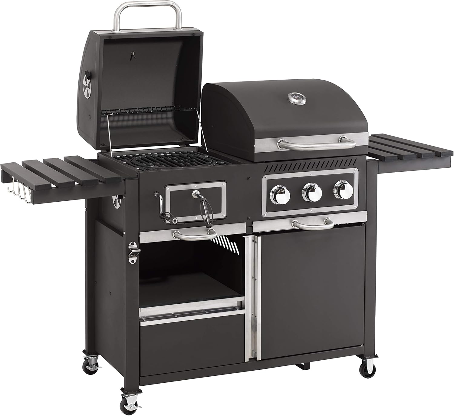 tepro Gas Kohle Kombigrill Toronto, Grillwagen mit Holzkohle- und Gasgrill-Modus, 3 Brenner mit je ca. 2,9 kW Leistung, Piezozündung, Thermometer, Maße ca. 173 x 65 x 116,5 cm, Schwarz