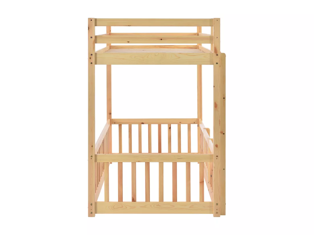 Lit superposé avec escalier rectangulaire, avec clôture et porte, protection contre les chutes et grille, bois massif (200x90cm)