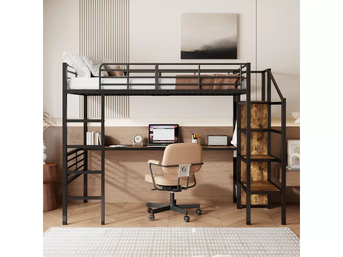 Lit mezzanine 90 x 200 cm avec bureau, armoire et marches de rangement - Métal + MDF - Noir (sans matelas)