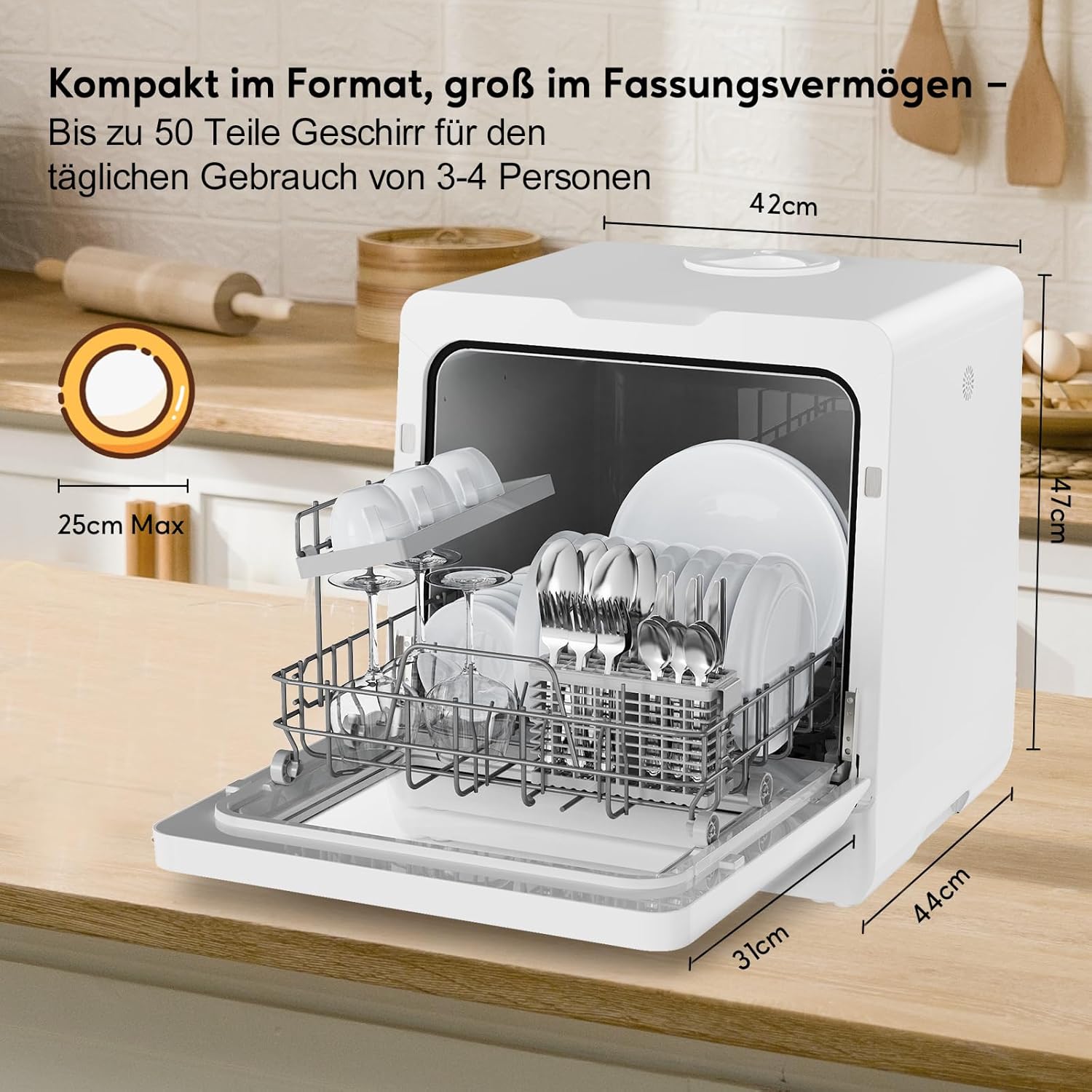 Mini Geschirrspüler – Tragbarer Tischgeschirrspüler mit 10 Programmen, 5L integriertem Wassertank, 3 Maßgedecken, Touch-Control & LED-Display, Überlaufschutz, für Küche, WG, Camping [Energieklasse D]