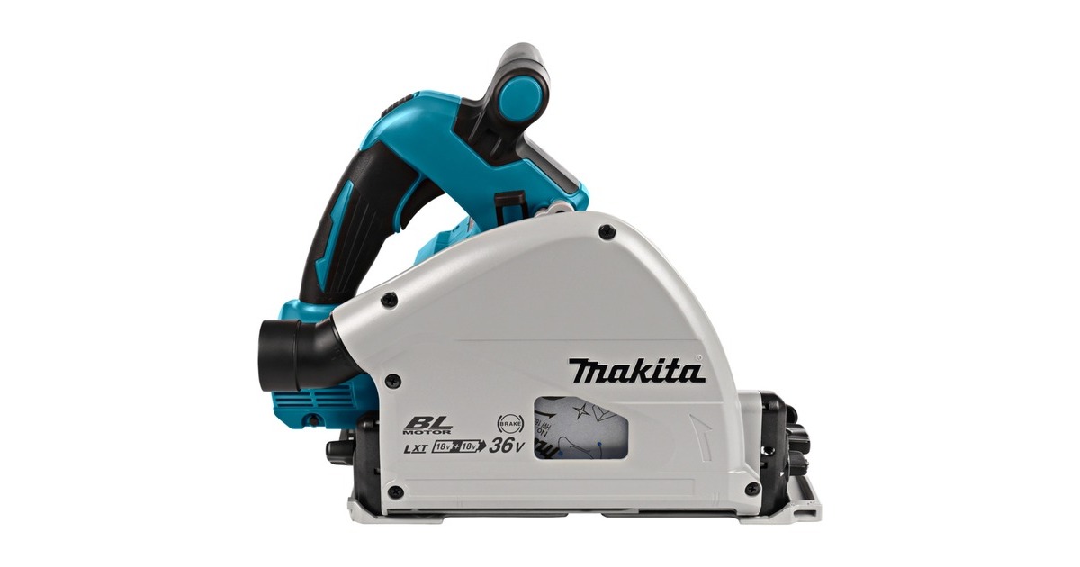 Makita2x18 V Invalcirkelzaag 165 mm DSP600ZJ2 handcirkelzaag  (Accu en oplader niet inbegrepen, in Mbox, met geleiderail 1500 mm (1 st) en tas)