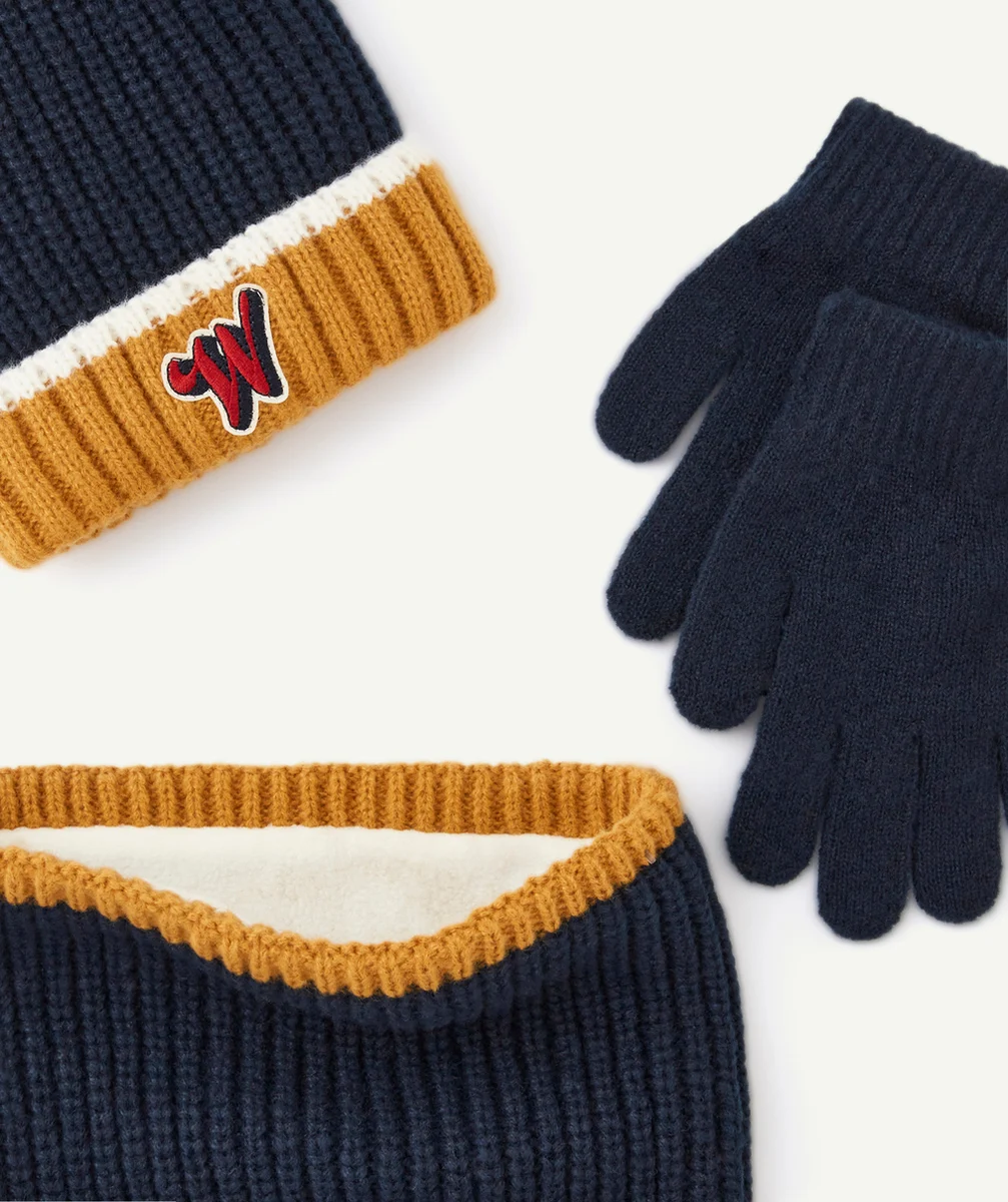 SET TRICOT GARÇON EN FIBRES RECYCLÉES BLEU FONCÉ ET OCRE