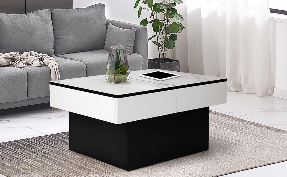 VOWNER Couchtisch, Moderner Couchtisch, Ausziehbarer Schreibtisch, Wohnzimmertisch mit 2 Stauräume, Hochglanz-Finish, 114 x 58 x 40 cm Wohnzimmer Tisch (Weiß Marmorierung)