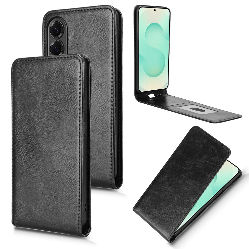 Samsung Galaxy S25 Edge Leder Tasche Flip Cover Vertikal im Retro Look mit Kartenfach - Schwarz