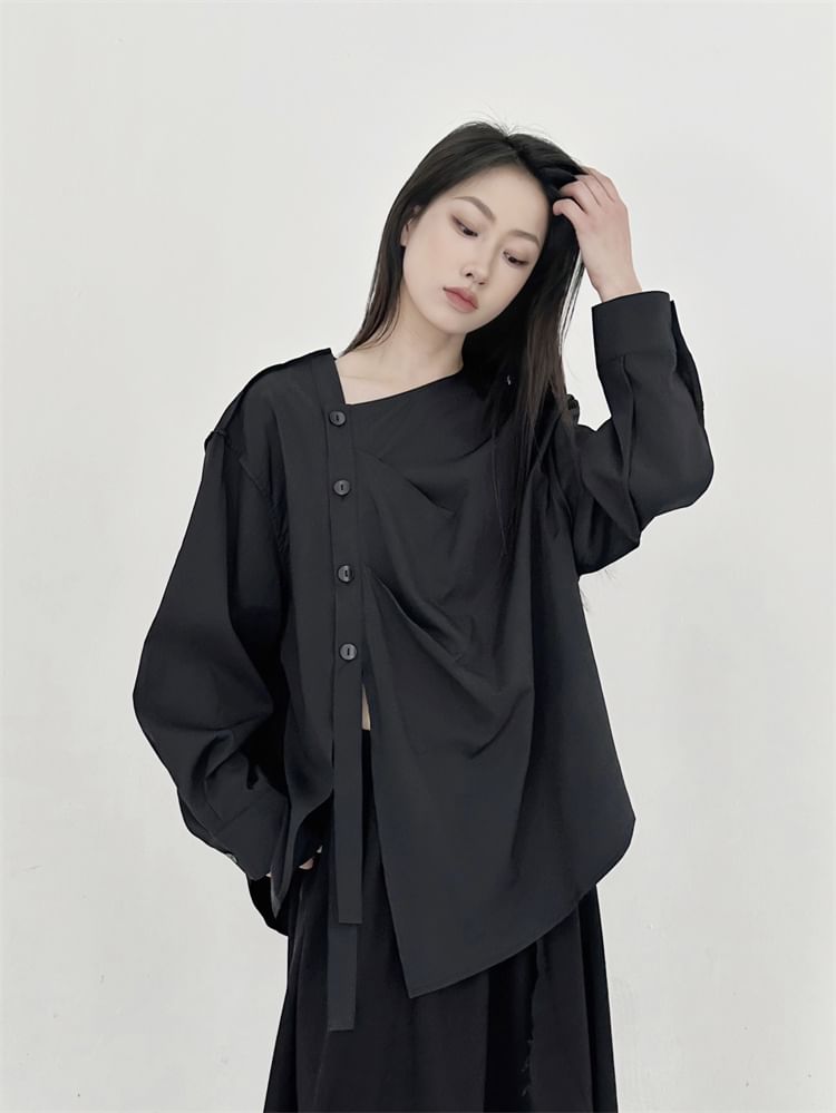 SIMPLE BLACK - Effen asymmetrische blouse