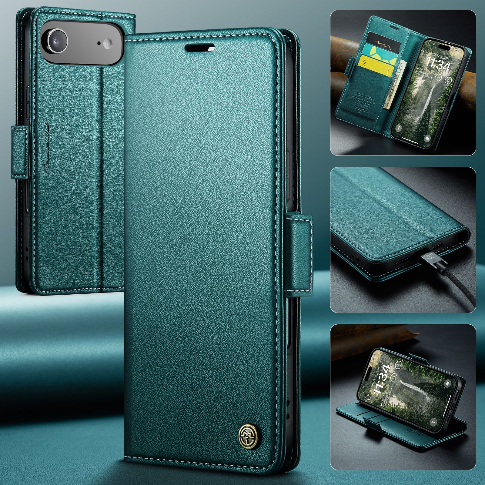 iPhone Air Leder Tasche Flip Wallet Etui mit Kartenfächern Litchi Look (RFID Schutz) - Grün