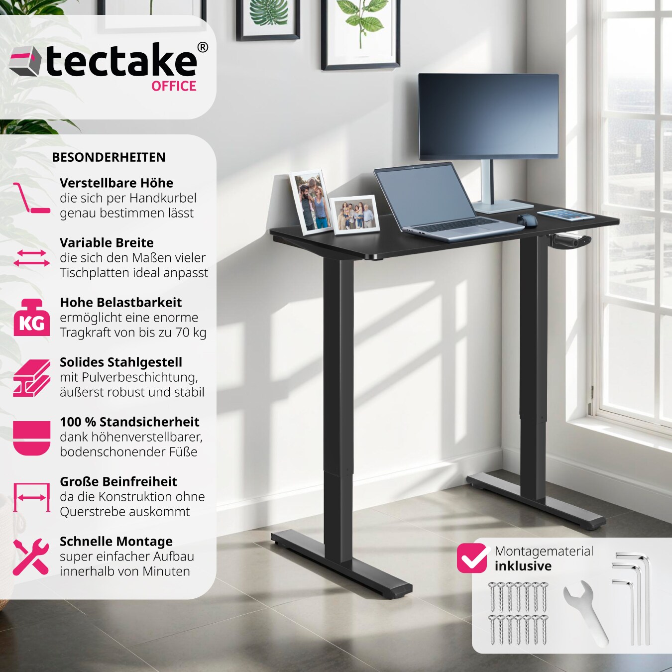 tectake® Tischgestell , stufenlos höhenverstellbar mit Handkurbel, breitenverstellbar, 84 - 129 x 60 x 71 - 121 cm