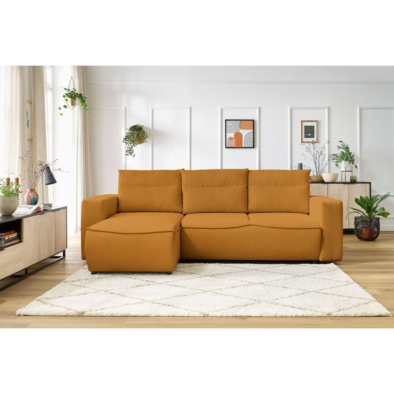 Bobochic Canapé d'angle gauche convertible coffre jasmin velours côtelé jaune - 256x158x90 cm