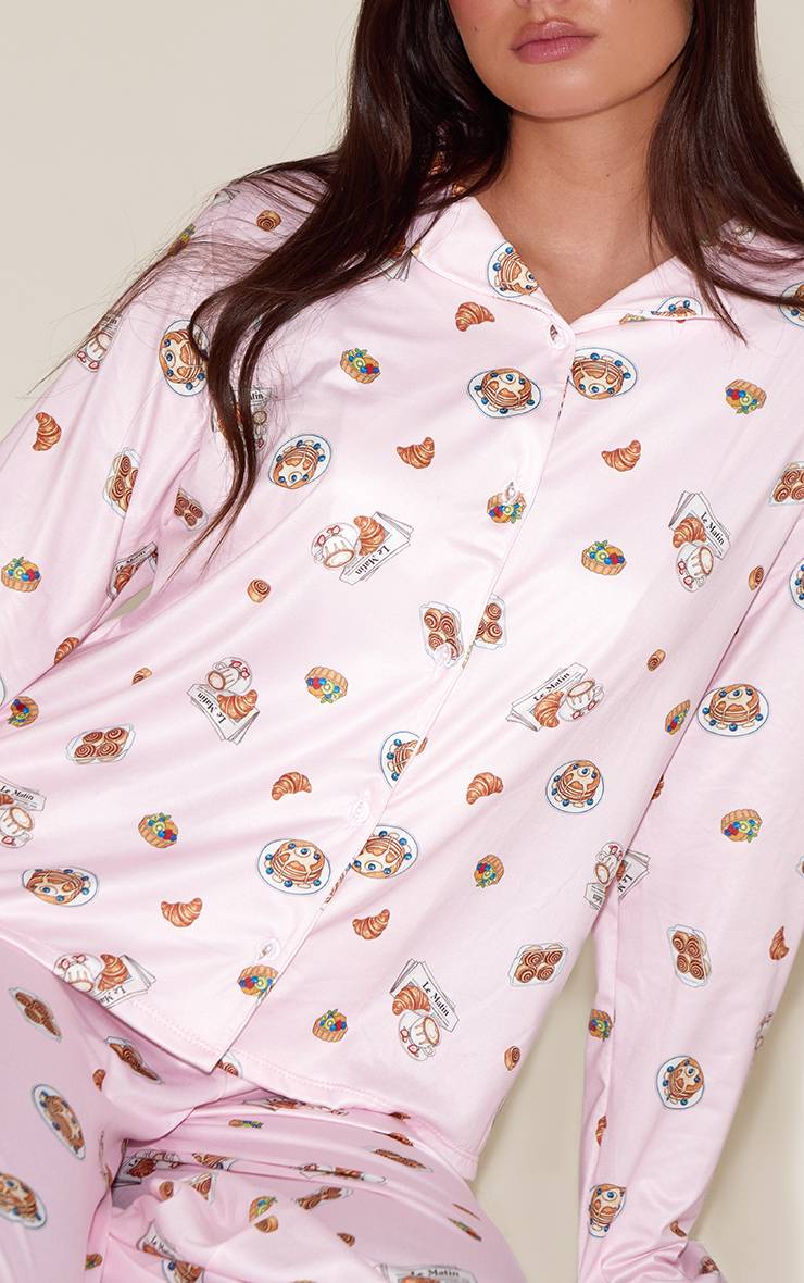 Rose Poudré Ensemble De Pyjama Imprimé À Manches Longues Avec Boutonnage