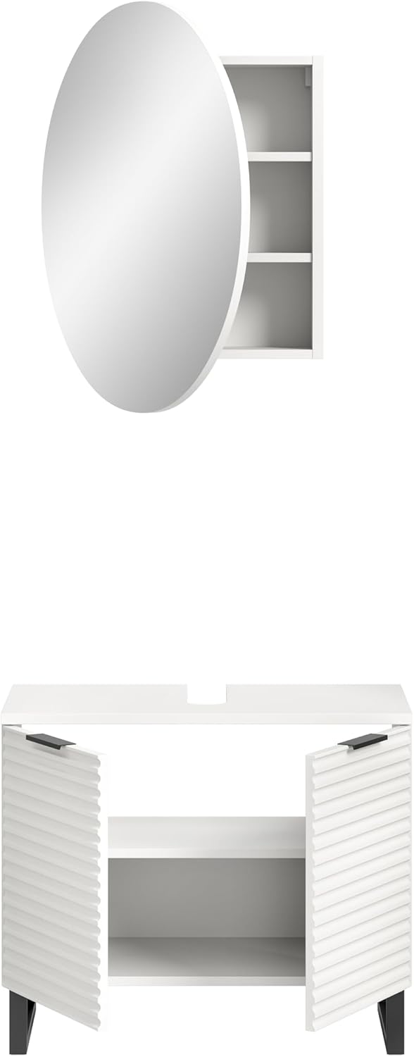 xonox.home Badezimmer Riff 2tlg. Kombination Badmöbel Set kleine Bäder Komplettprogramm Bademöbel-Set in weiß Waschbeckenunterschrank Spiegelschrank rund