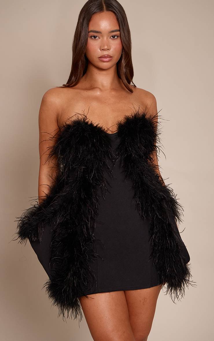Noir Robe Moulante Bandeau Premium À Détail De Hanches Orné De Plumes