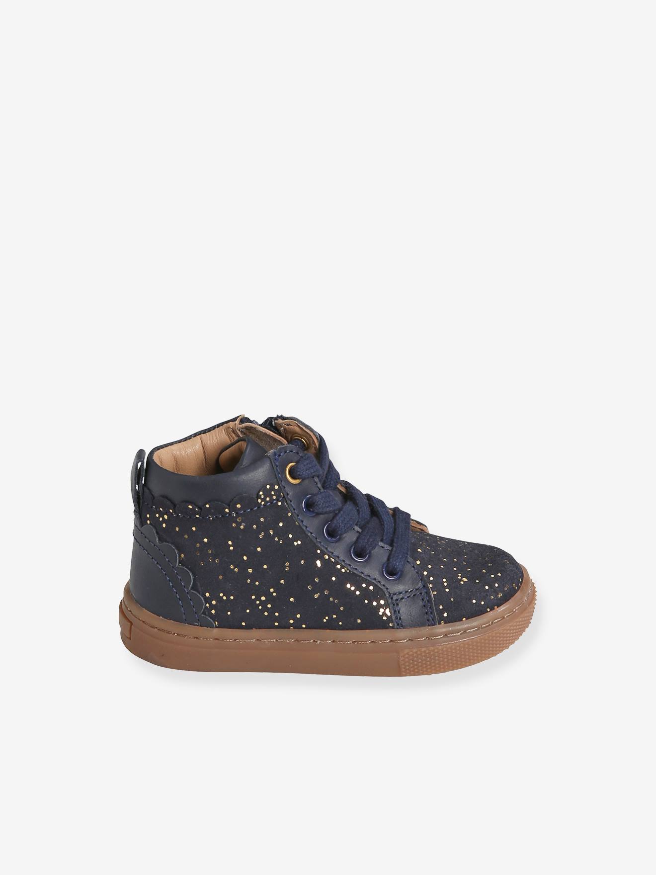 Tênis de cano alto em couro com cadarço, para bebê menina, azul escuro liso com estampas.