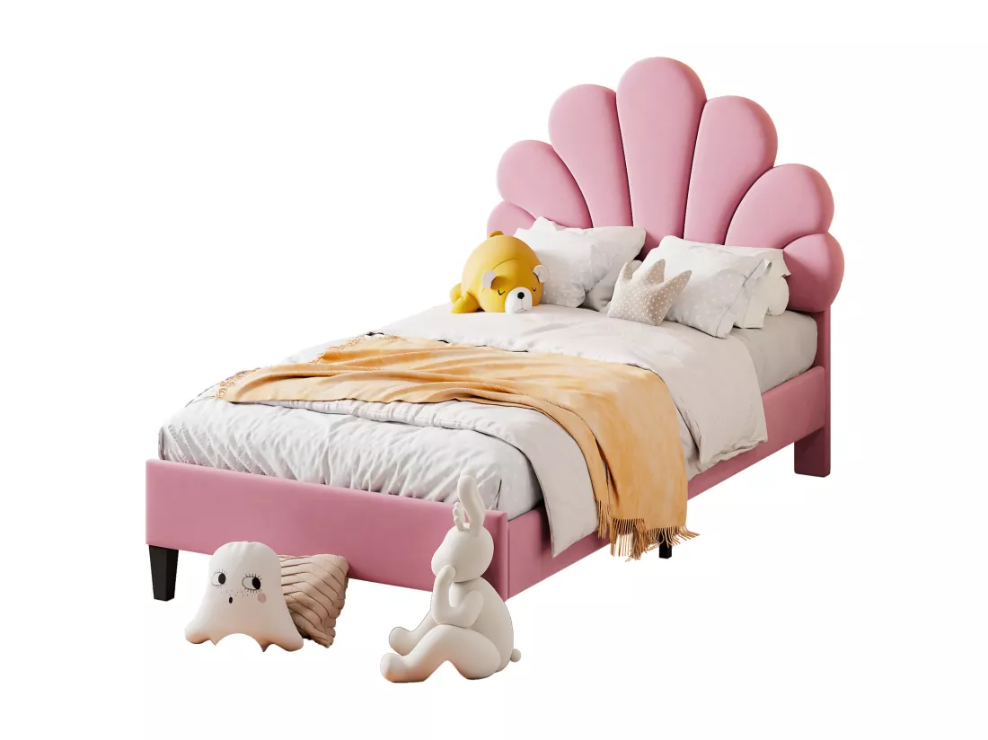 Lit coquillage avec tête de lit 90 x 200 cm en velours, sommier à lattes inclus, rose