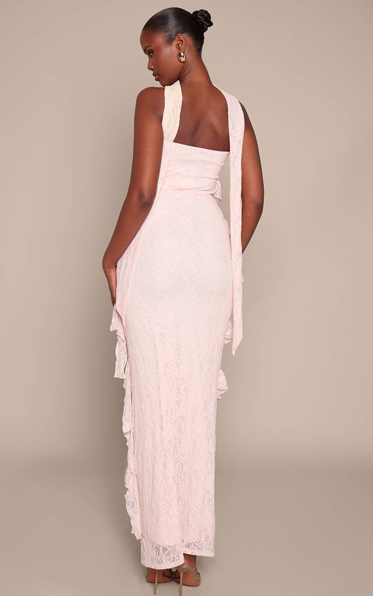 Rose Robe Maxi Asymétrique En Dentelle À Volants Et Détail Foulard