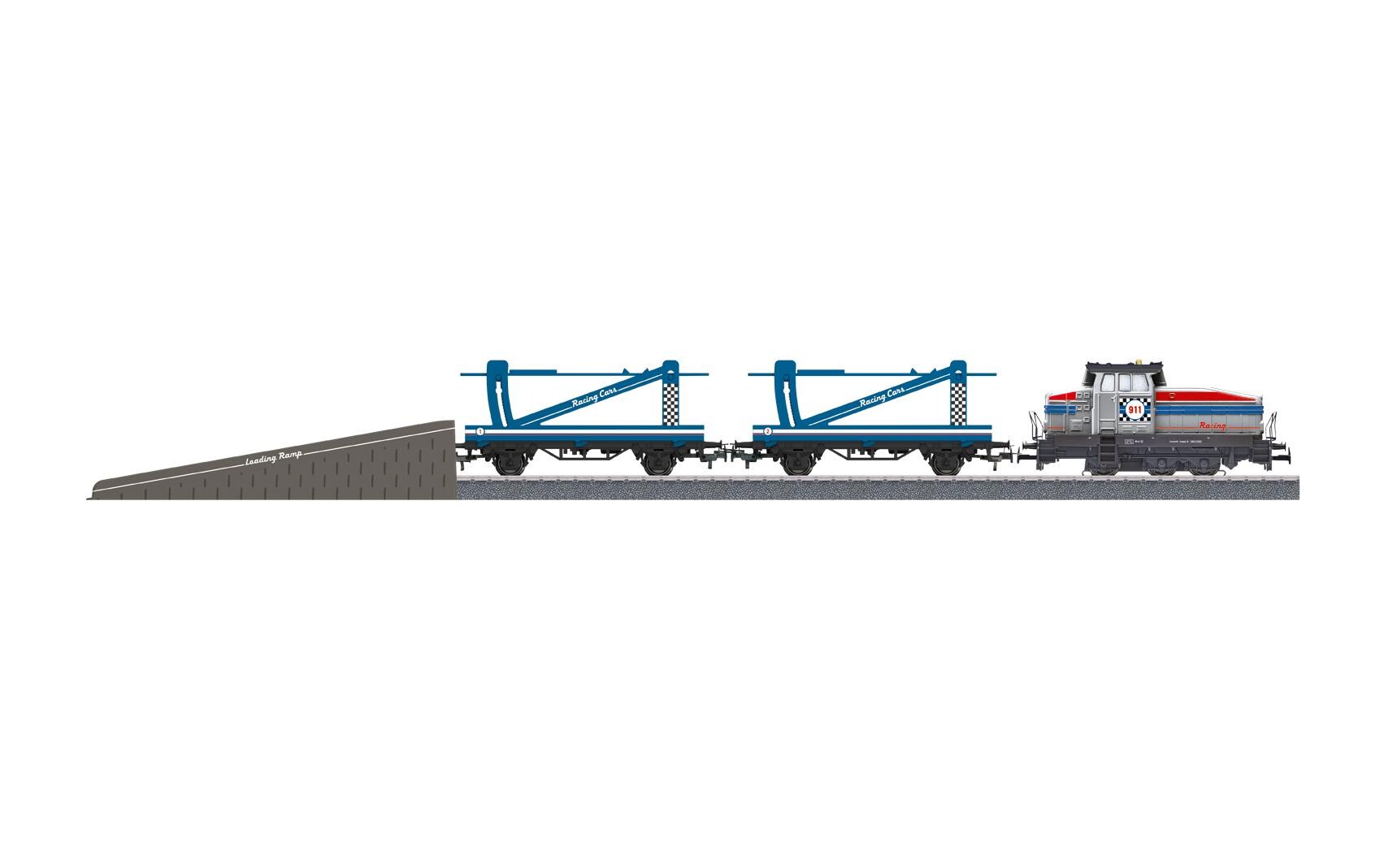 Startpackung Autotransportzug<br>Märklin Start up – Diesellokomotive Henschel DHG 500 mit doppelstöckigen Autotransportwagen und Porsche Modellautos