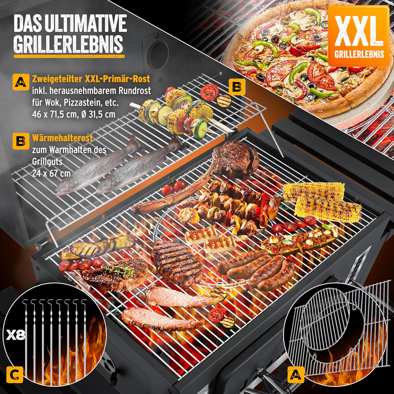 KESSER® Chariot à Barbecue | Grill XL à Charbon de Bois avec Couvercle, Roues, poignée en Acier Inoxydable, Grille et thermomètre | Grand Barbecue au Charbon de Bois